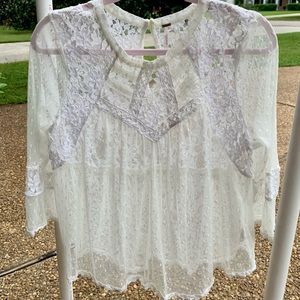 Free People Lace, Embroidered Long Sleeve Sheer Blouse; Size Large